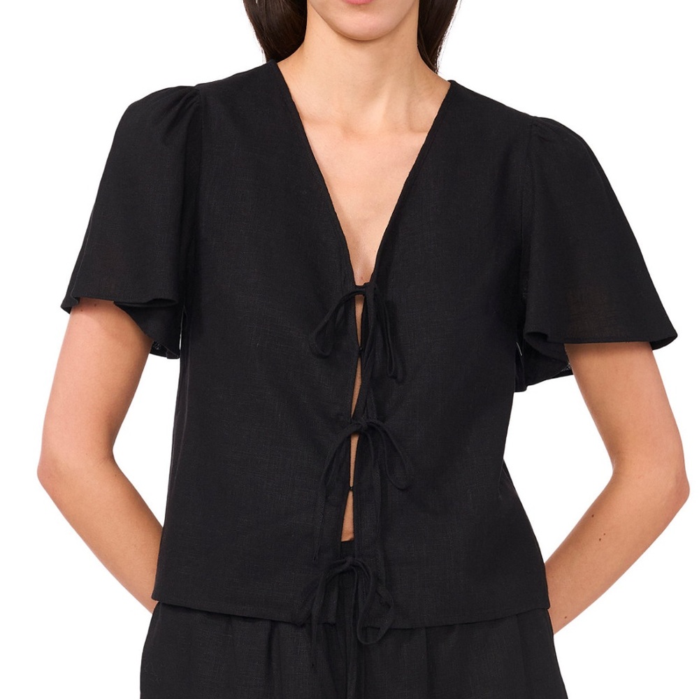 NEW:  1. State Tie Front Flutter Sleeve V-Neck Top Black Blouse Rayon Linen